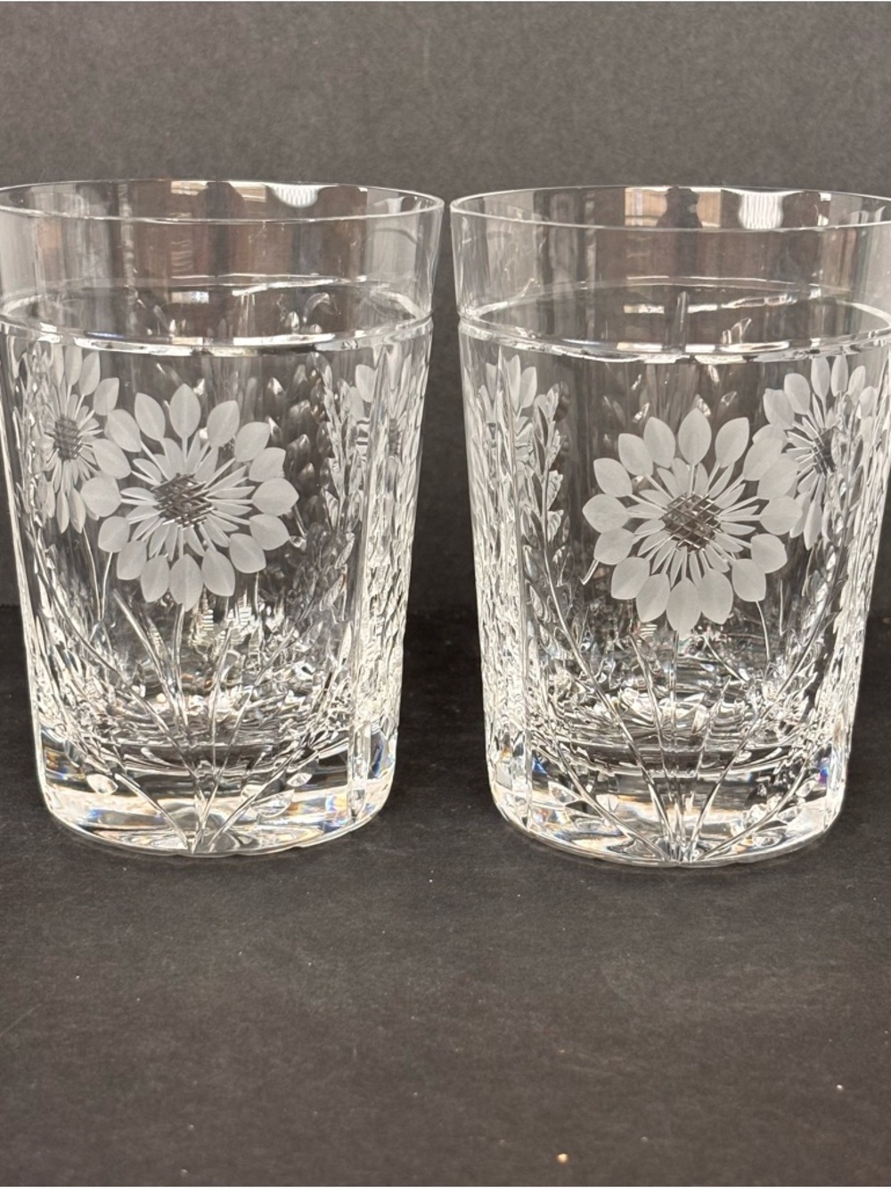 Pair Royal Brierley Etched Crystal Tumblers - Kensington Palace Flower Sunflower